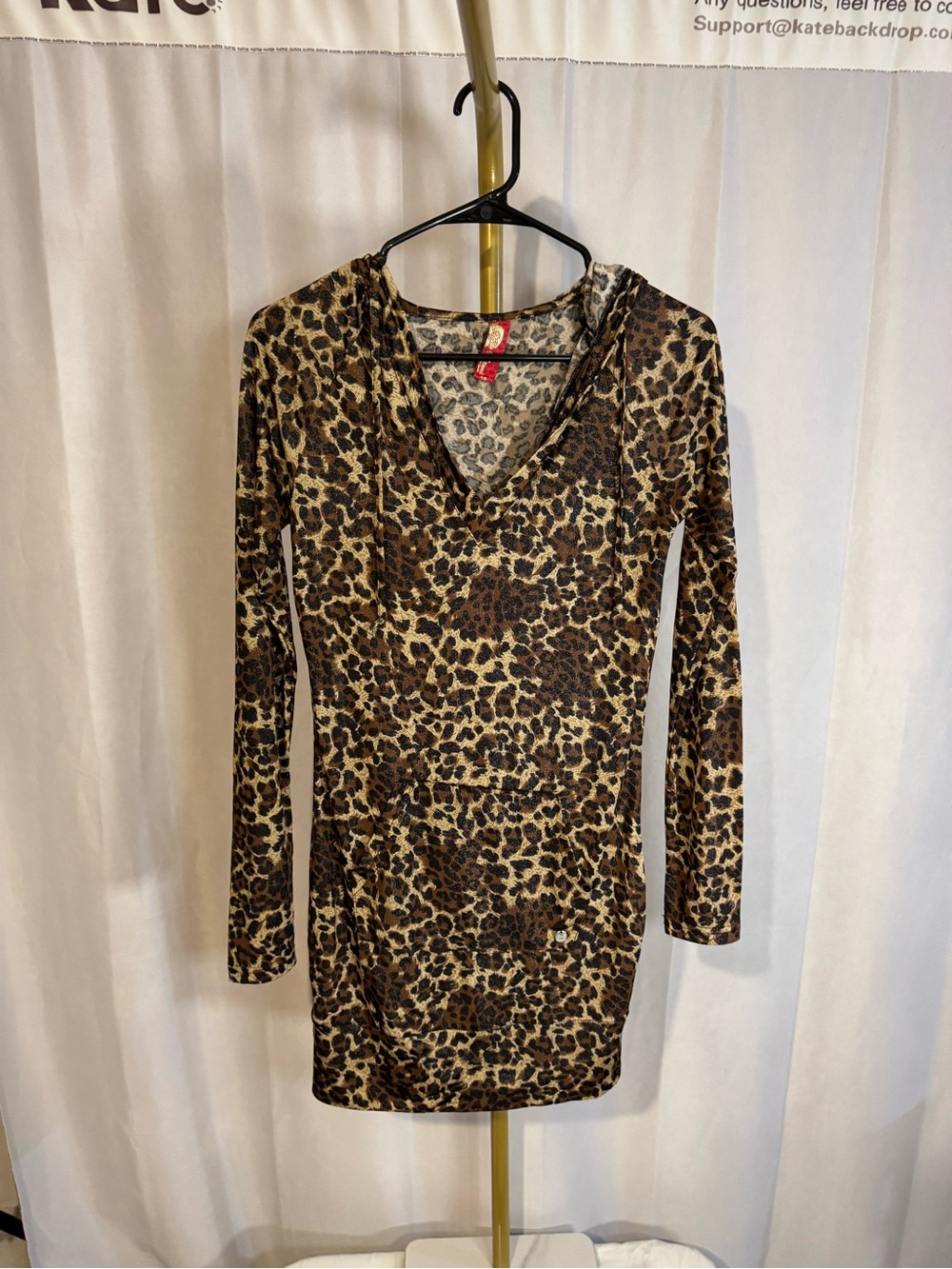 Vintage Apple Bottoms Brown Leopard Print Long Sleeve Hoodie Dress